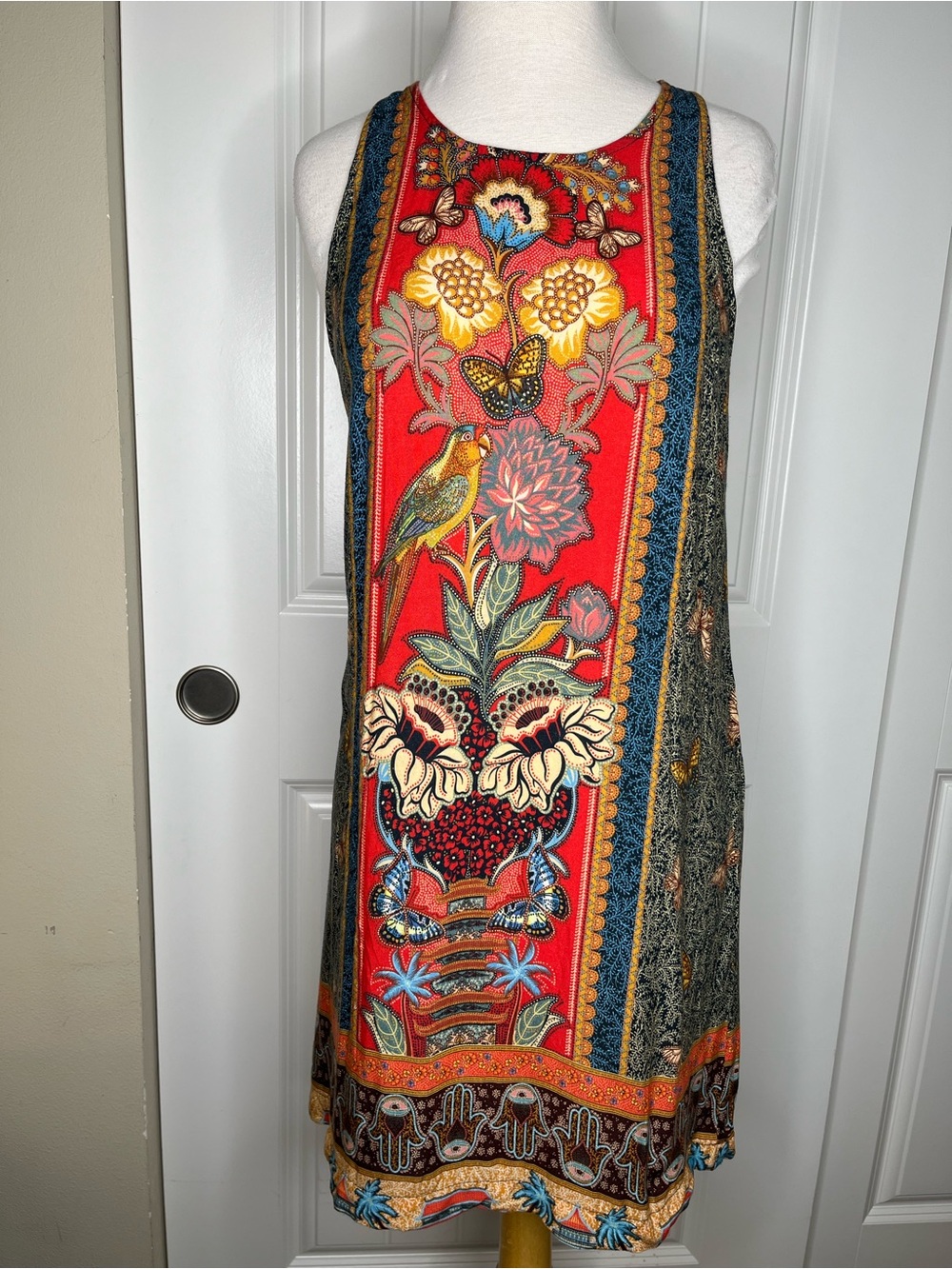 Farm Rio Red Macaw Parrot Print Mini Shift Dress Boho Paisley Womens Medium